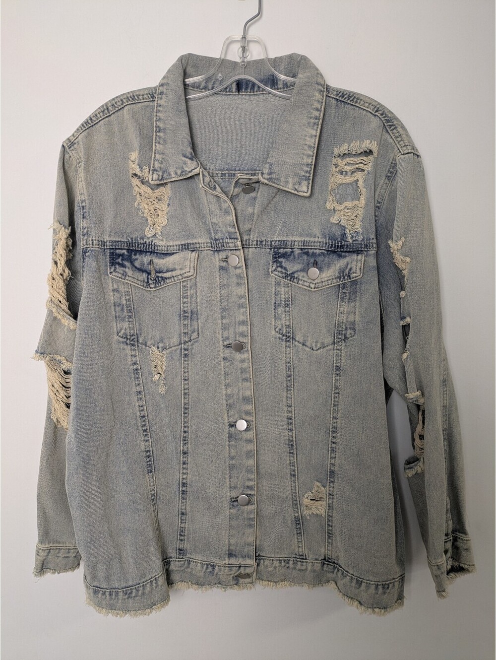 Light Wash Distressed Denim Jacket – Oversized Frayed Hem Jean Trucker Coat
